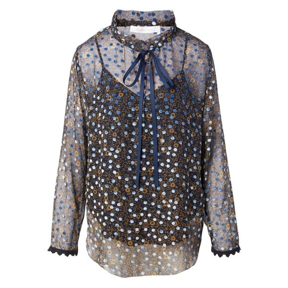 SEE BY CHLOÉ Silk Burnout Sheer Tie Neck Blouse - Picture 1 of 5